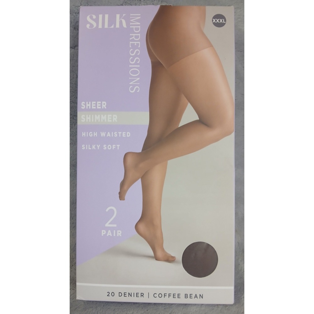 Silk Impression 2 Pair Sheer Shimmer High Waisted Pantyhose XXXL Coffee Bean 20D